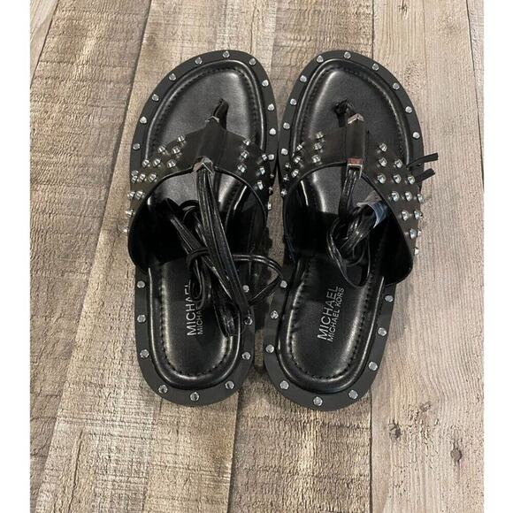 MICHAEL Michael Kors | Black Jagger Ankle-Tie Studded Leather Sandal | Size 7 - Picture 4 of 13
